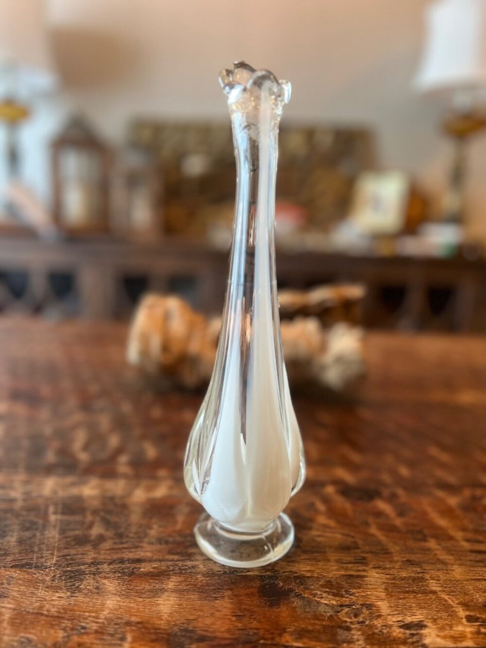 Vintage Handblown Clear & White Five Finger Pedestal Swung Vase